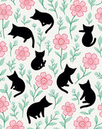 Black Cats Floral Pattern Design Rug