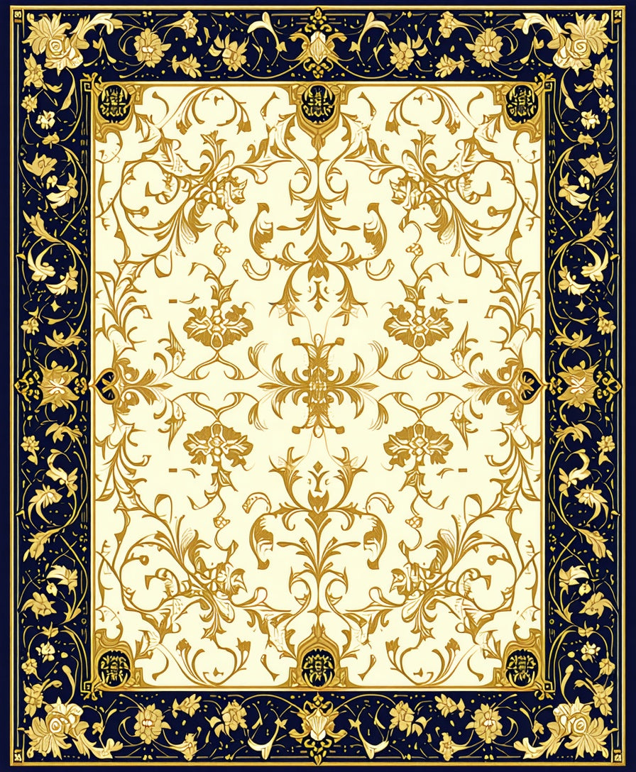 Ornate Golden Floral Scroll Design Rug