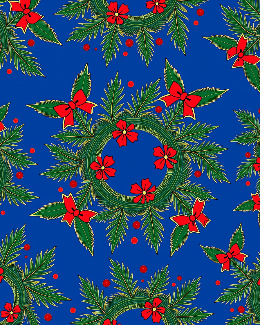 Festive Red Bow Green Pine Wreath Blue Rug