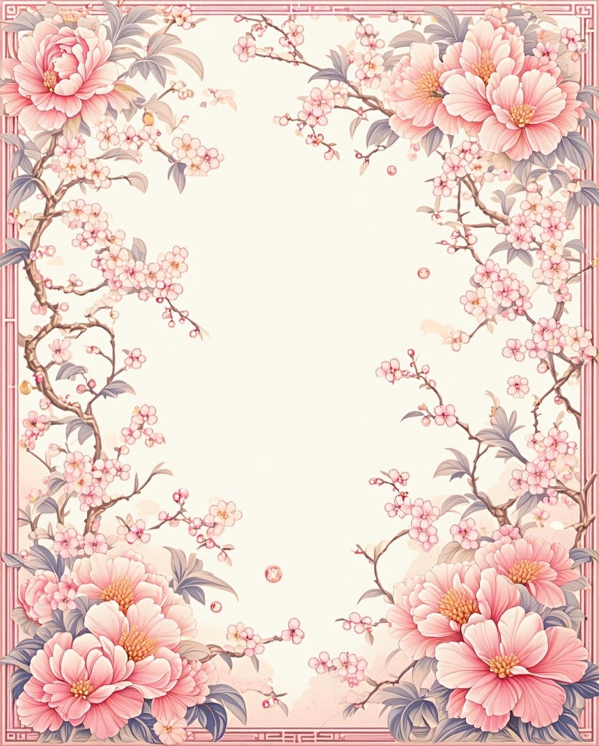 Pastel Pink Peony Floral Branch Border Rug