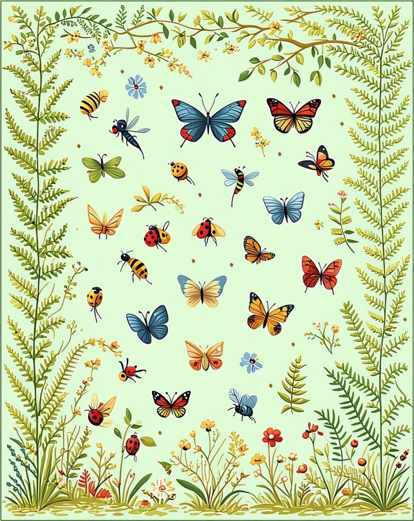 Whimsical Butterfly and Insect Garden Design Rug