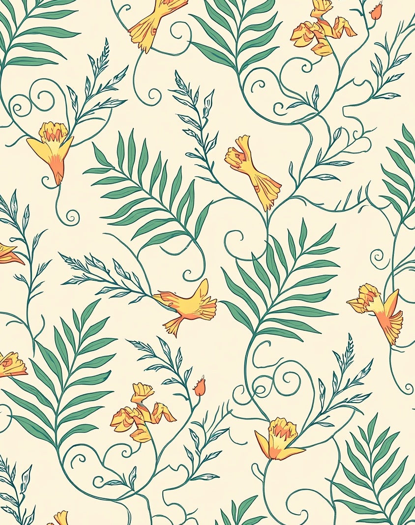 Yellow Birds Foliage Vine Pattern Rug