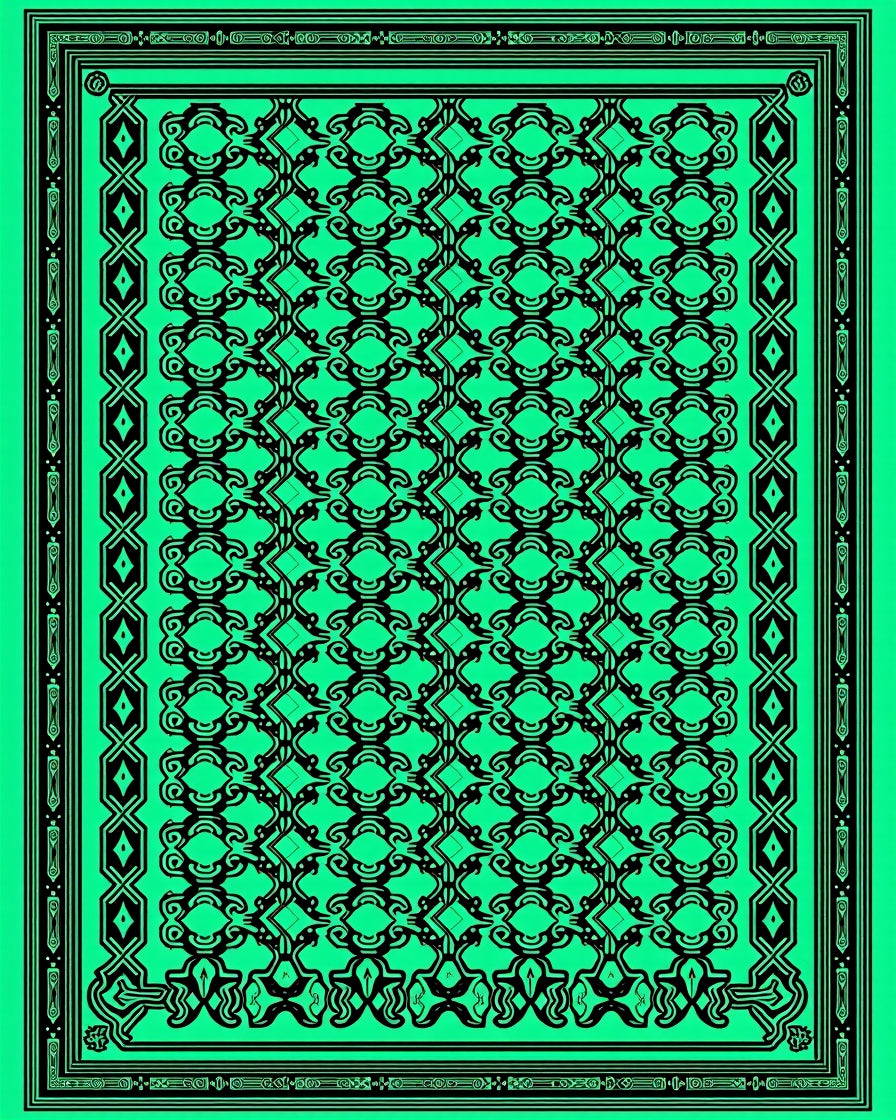 Vibrant Emerald Black Vintage Scroll Rug