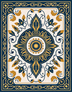 Dark Blue Floral Sun Ornate Rug