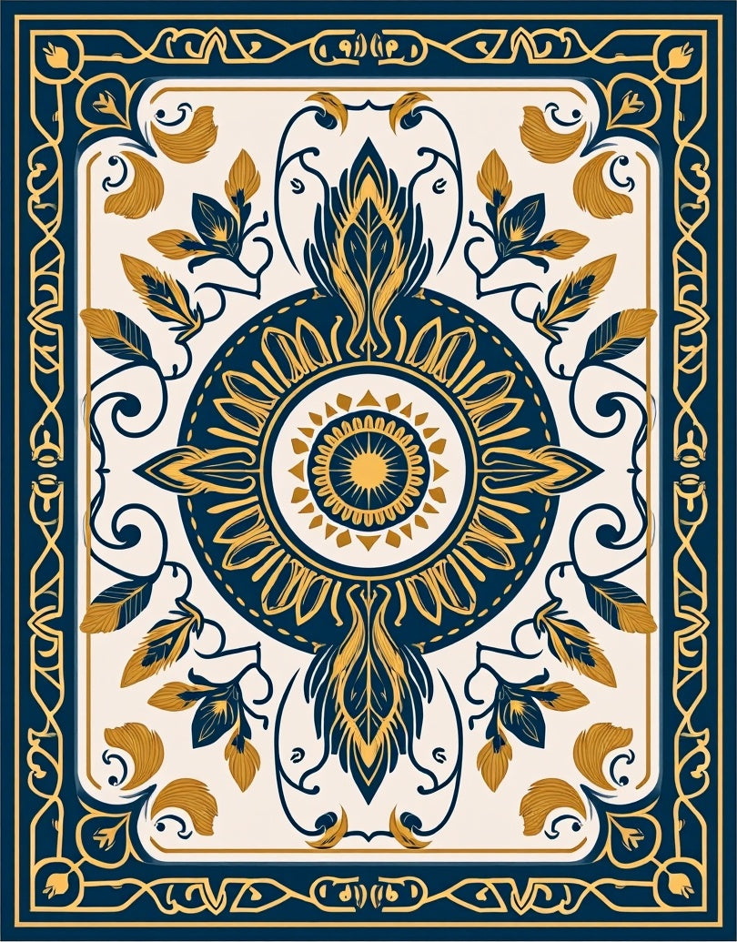 Dark Blue Floral Sun Ornate Rug