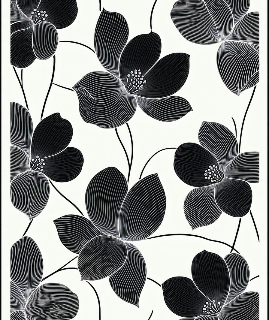 Artistic Black White Floral Line Art Rug