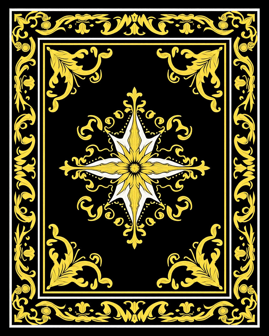 Ornate Black and Yellow Floral Scroll Rug