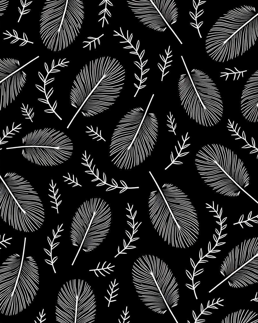 White Feather Scroll On Black Rug