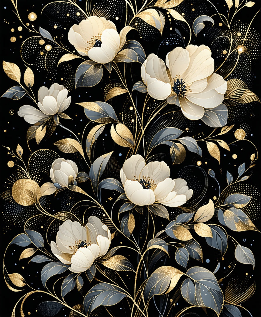 Elegant Black Gold Floral Swirl Pattern Rug
