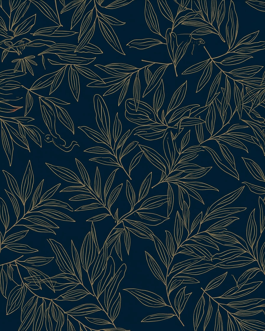 Leafy Branch Patterned Dark Blue Rug