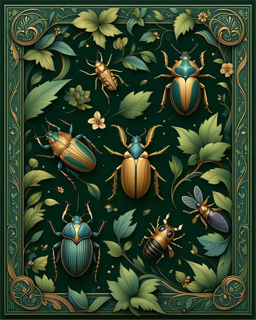 Green Emerald Beetle Botanical Print Rug