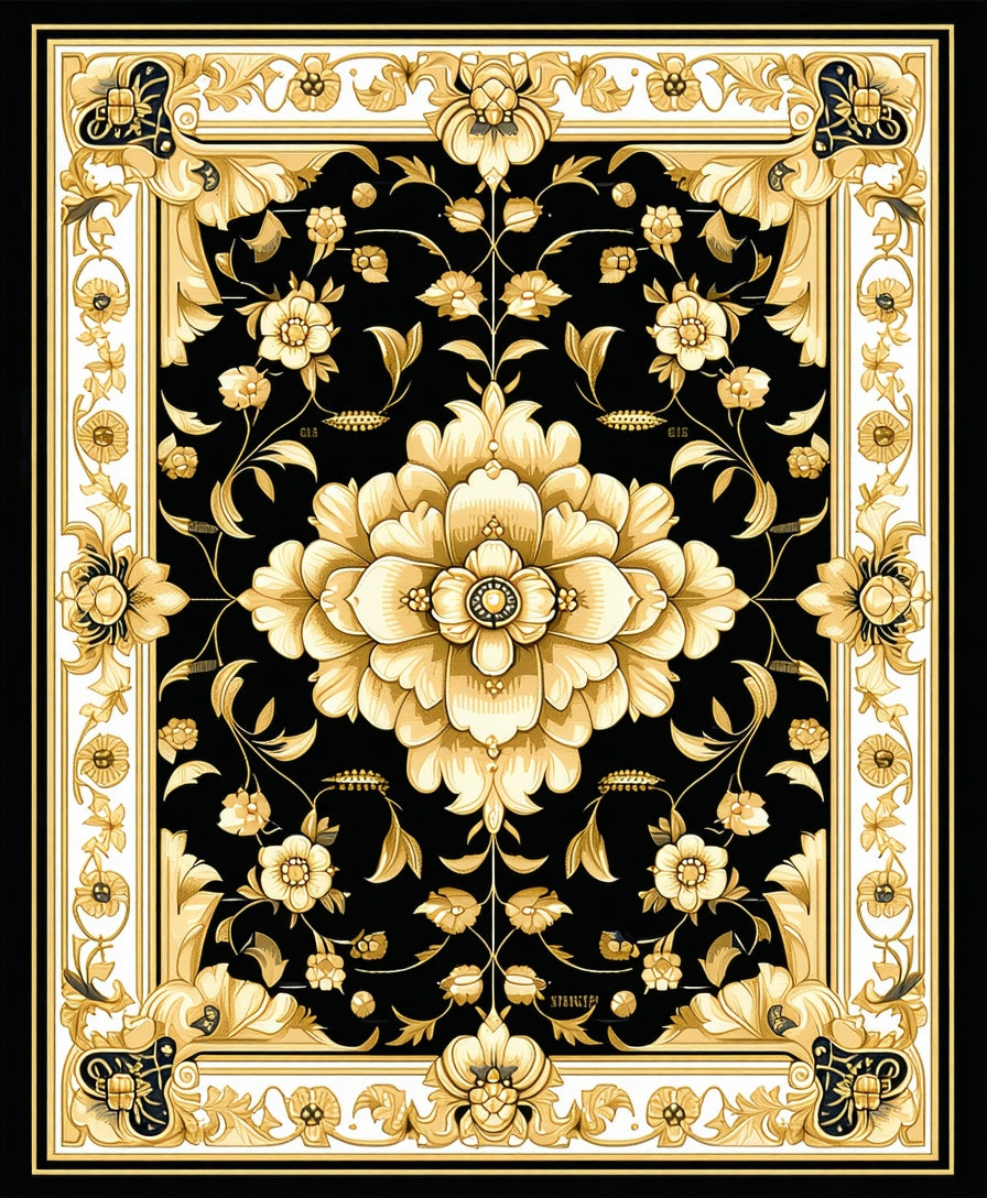 Black Gold Floral Classic Border Rug