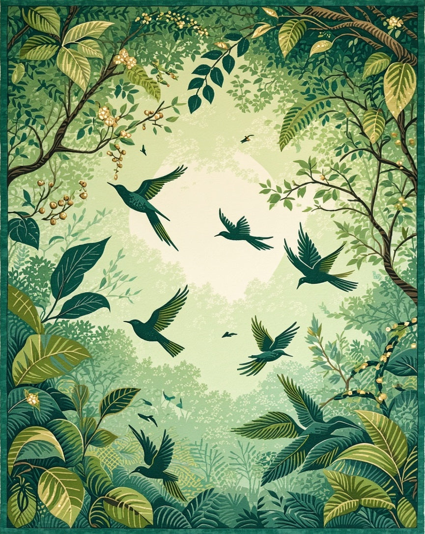 Lush Jungle Birds Artistic Scene Rug