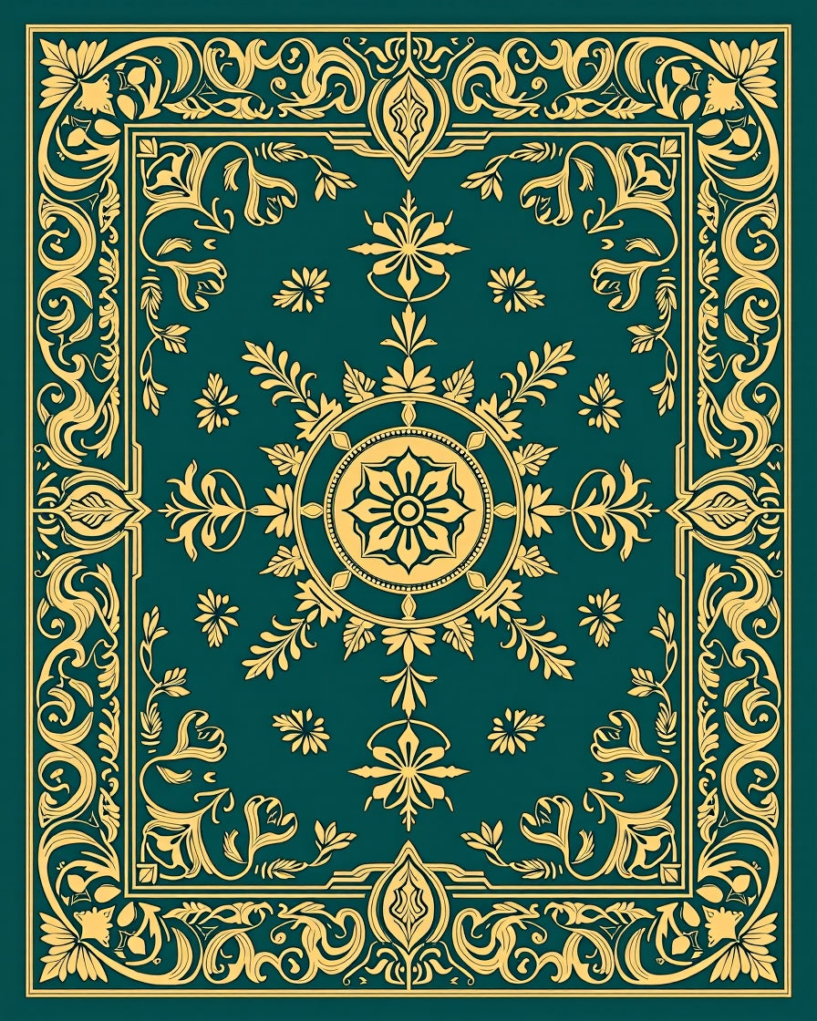 Ornate Teal Golden Floral Medallion Rug