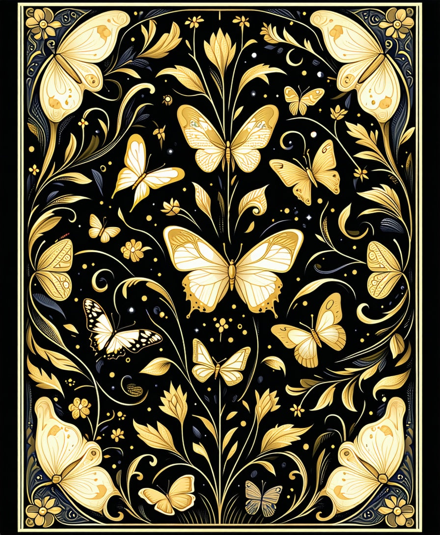 Elegant Gold Butterfly Floral Pattern Rug