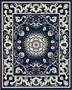 Intricate Floral Medallion Dark Blue Rug