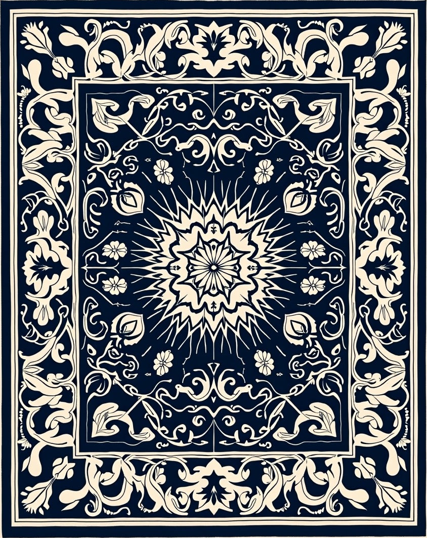 Intricate Floral Medallion Dark Blue Rug