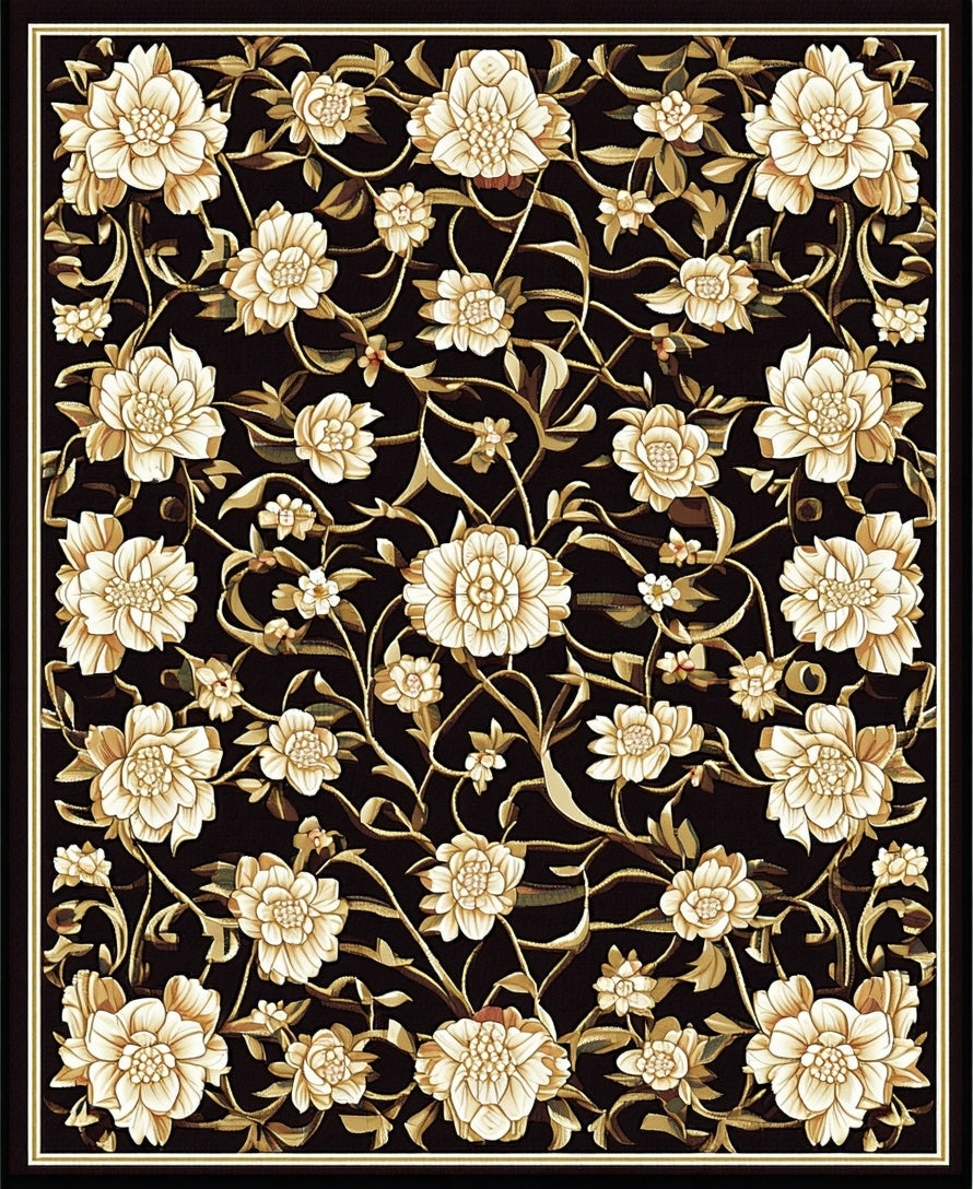 Elegant Black Floral Vine Motif Rug