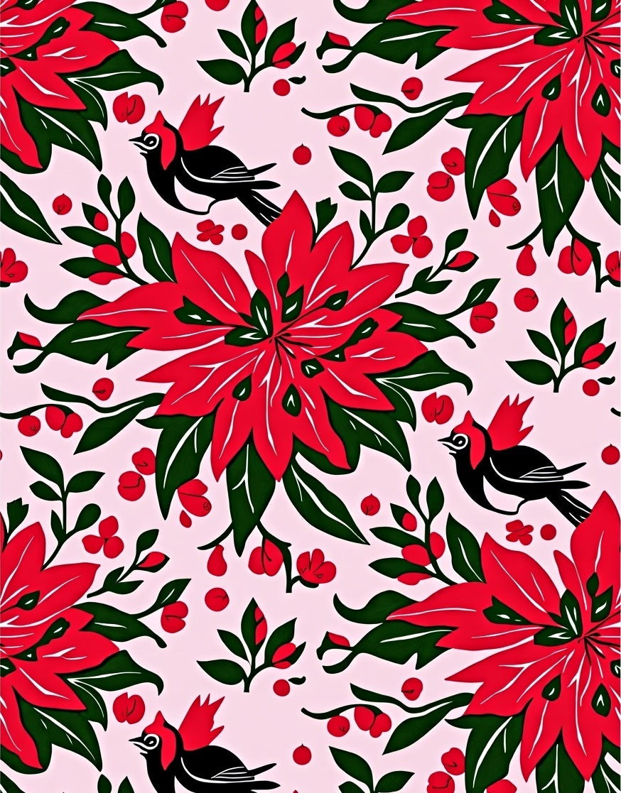 Red Poinsettia Birds and Berries Rug