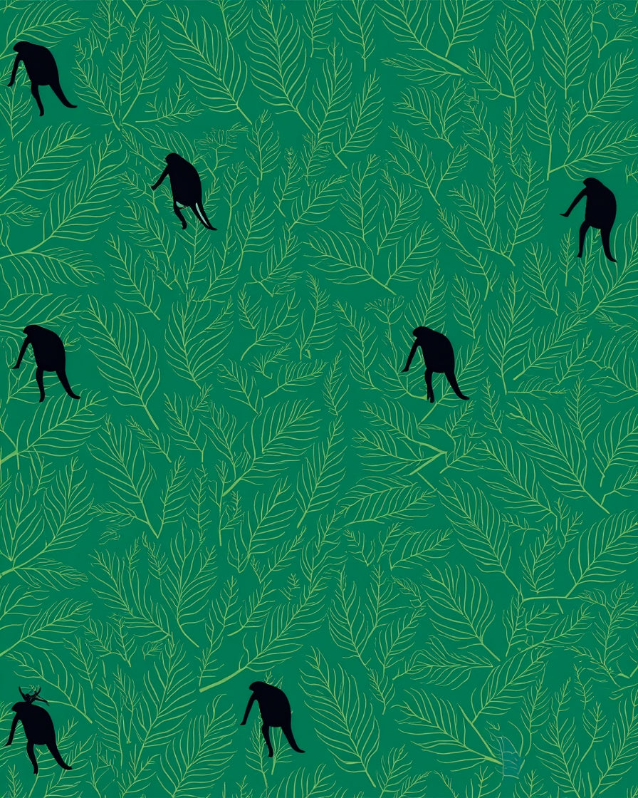 Green Leaf Pattern with Silhouettes Rug