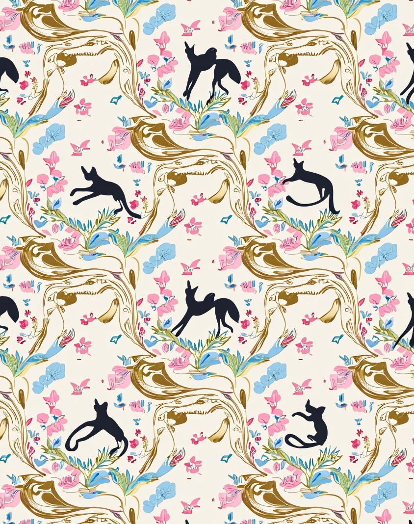 Whimsical Black Cats Floral Scroll Pattern Rug