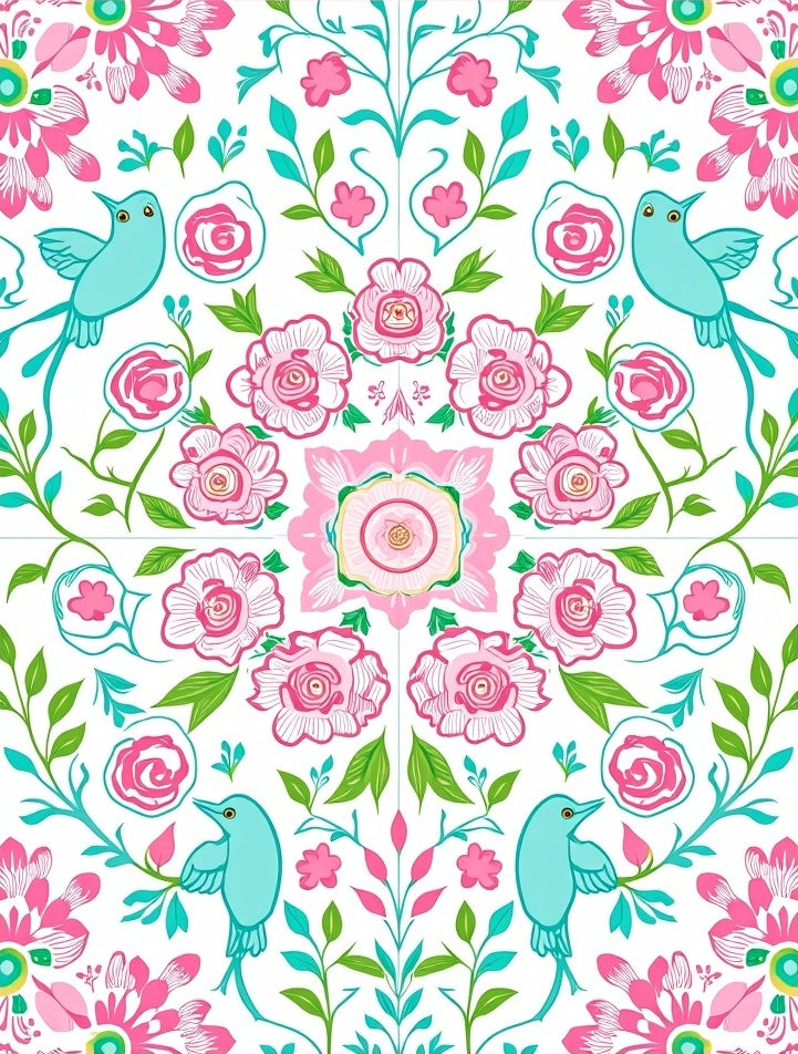 Pink Floral Birds Pattern Rug
