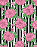 Pink Roses On Black White Stripes Rug