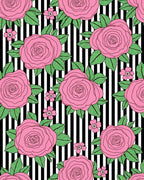 Pink Roses On Black White Stripes Rug