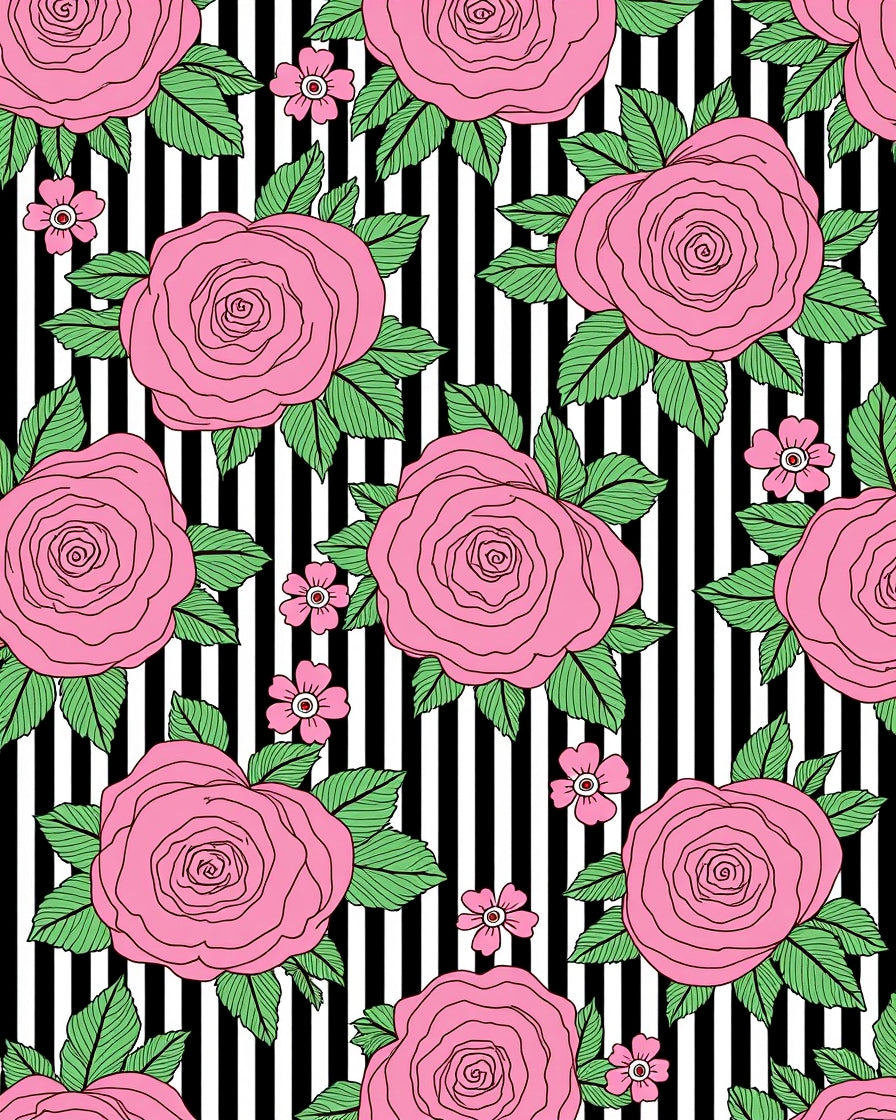 Pink Roses On Black White Stripes Rug