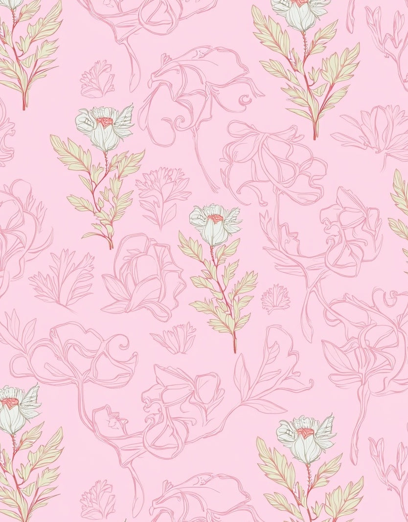 Soft Pink Botanical Sketch Pattern Rug