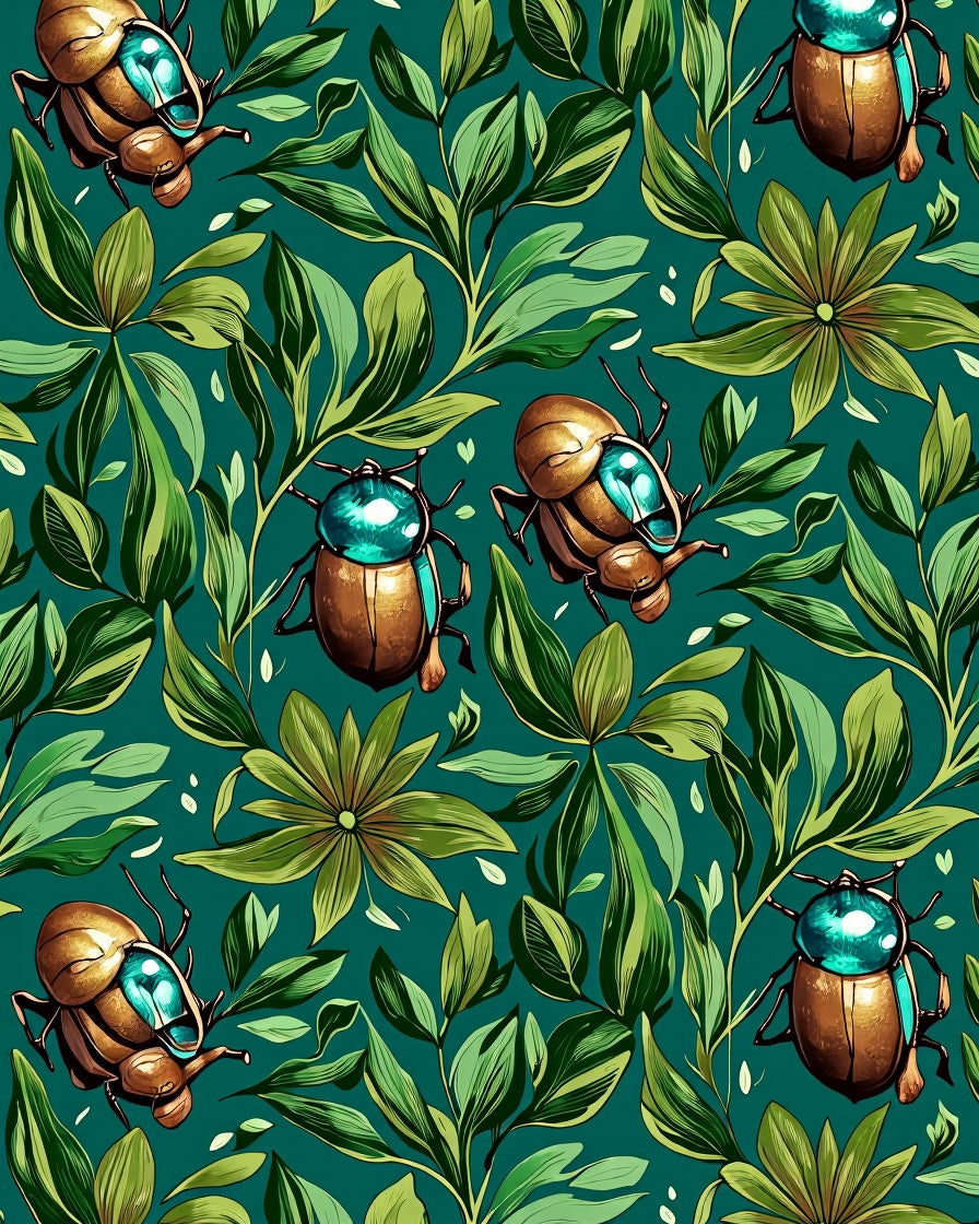 Golden Scarab Beetle Tropical Foliage Rug