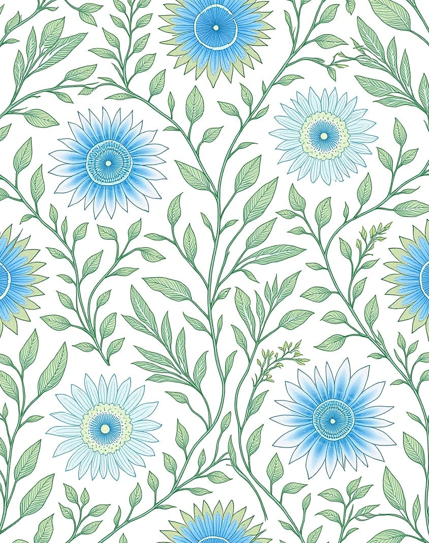 Blue Daisy and Leaf Pattern Rug