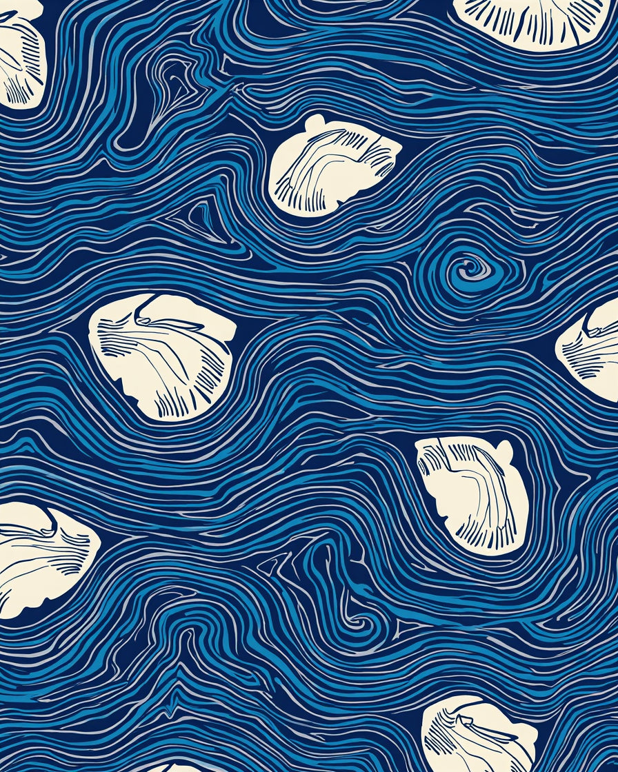 Abstract Blue Swirls With Shell Shapes Rug