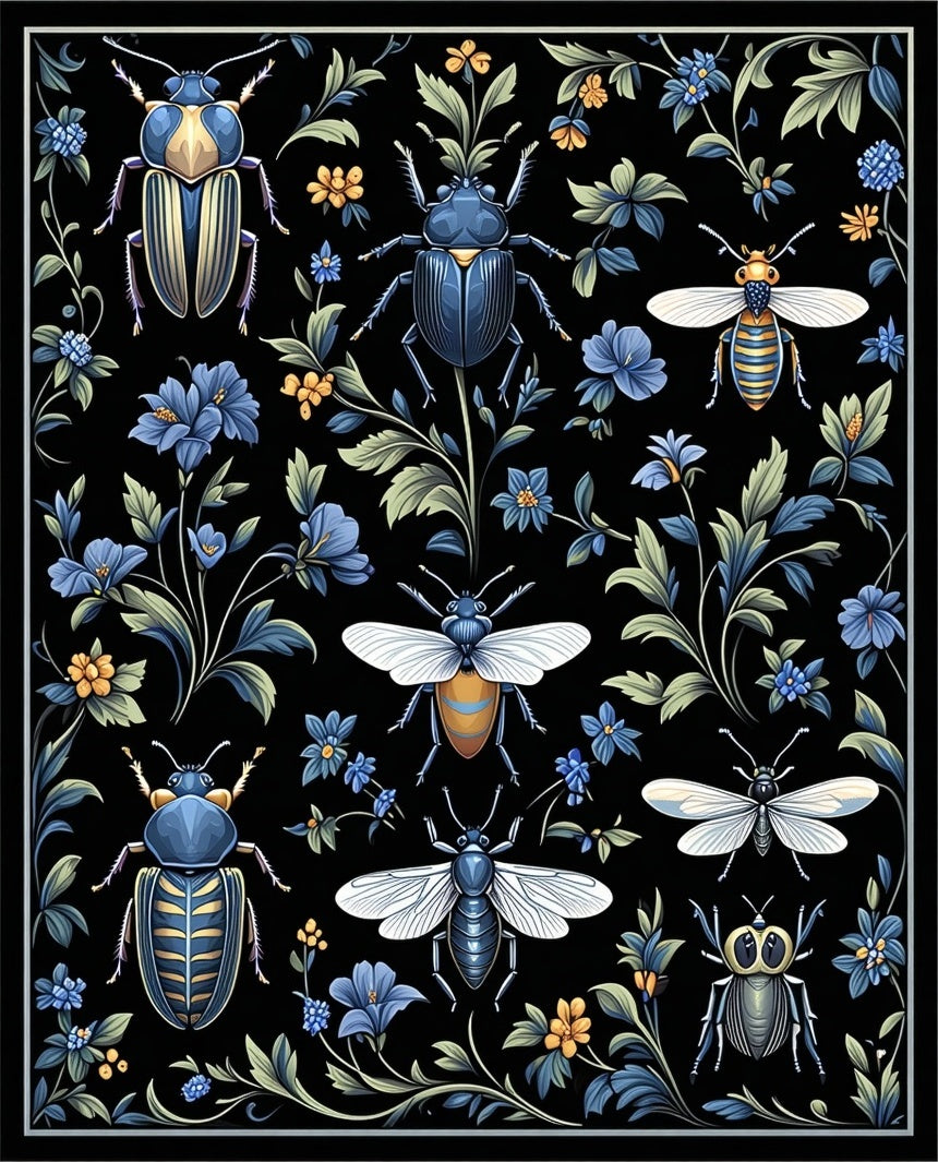 Dark Floral Insect Bug Pattern Rug