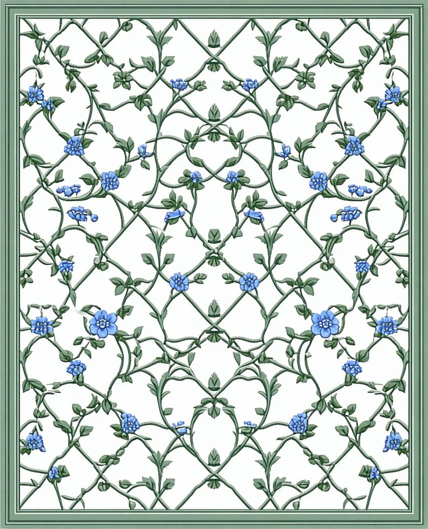 Blue Floral Vine Lattice Pattern Rug