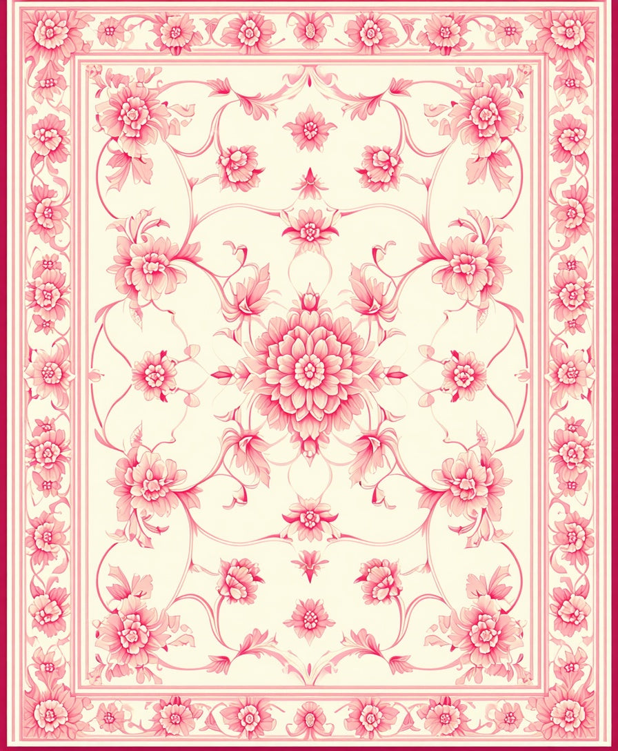 Elegant Pink Floral Scroll Pattern Rug
