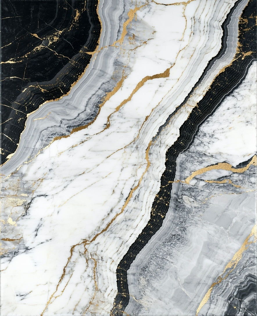 Black White Gold Veined Marble Design Rug