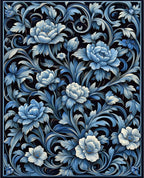 Blue Floral Scrollwork Vintage Pattern Rug