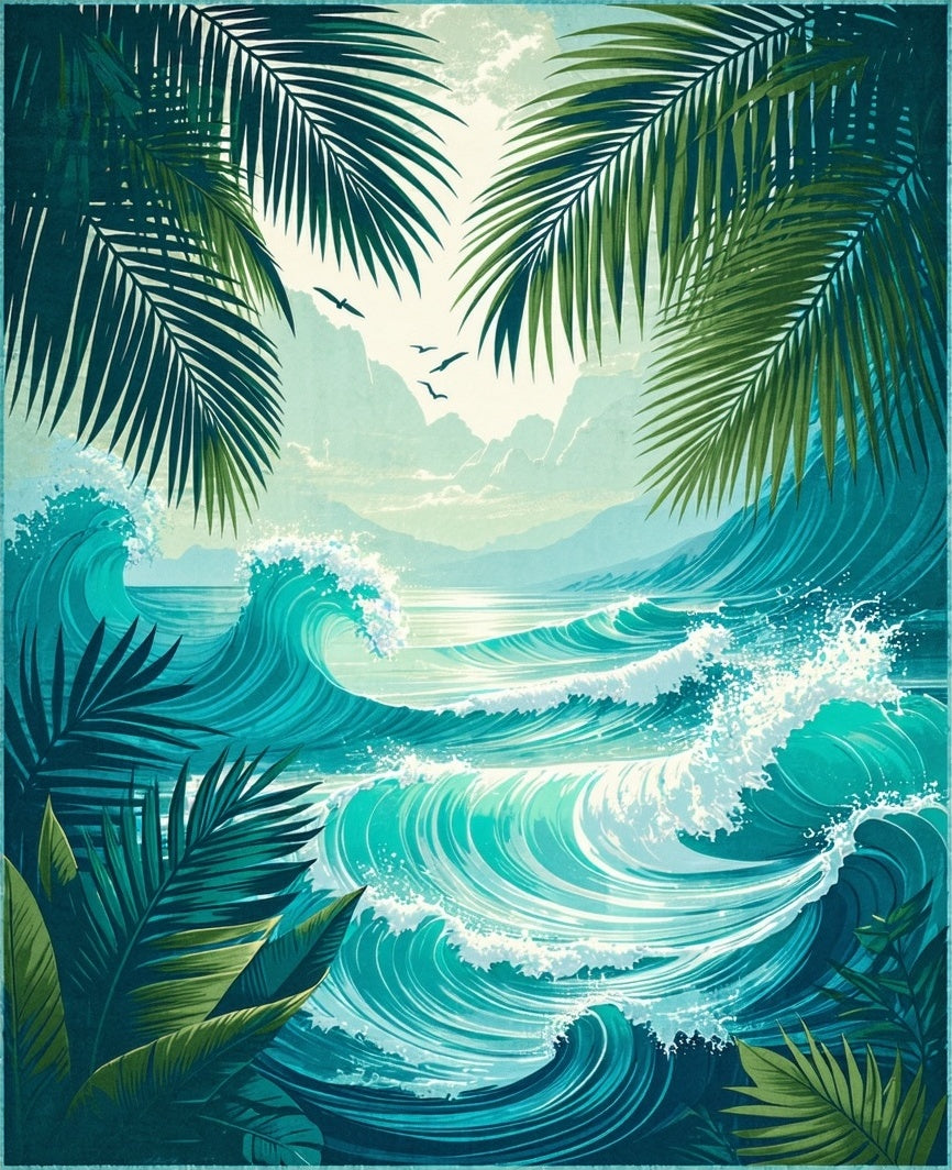 Tropical Ocean Wave Beach Scene Rug