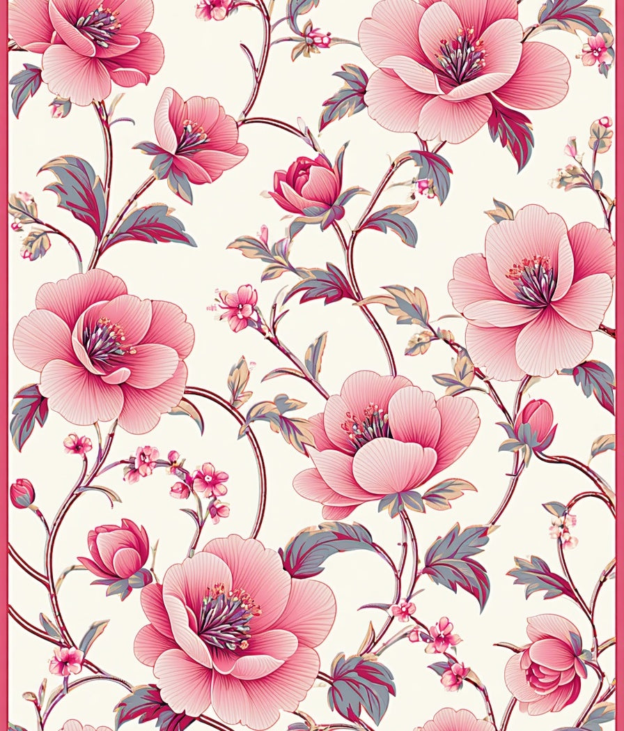Ornate Pink Floral Vine Pattern Rug