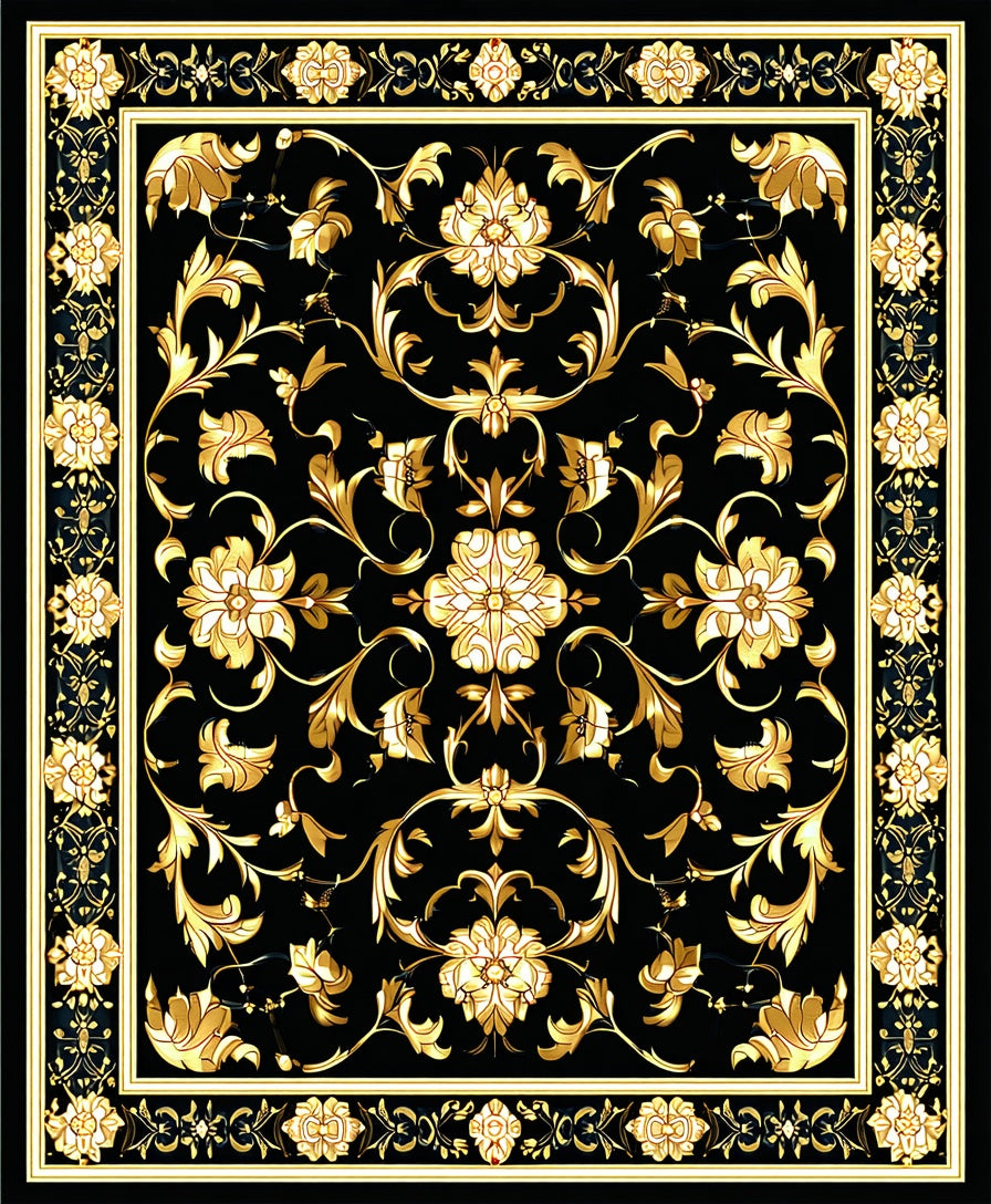 Ornate Gold Black Floral Pattern Rug