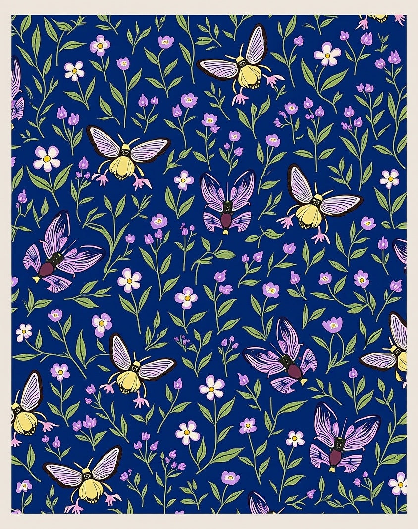 Navy Floral Moth Pattern Rug