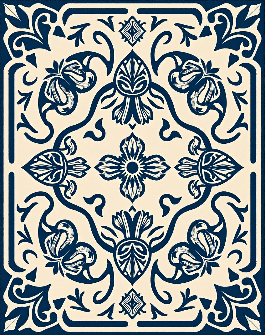 Navy Blue Floral Medallion Tapestry Rug