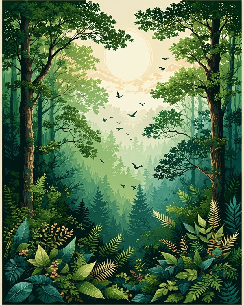 Lush Forest Scene with Birds and Sun Rug