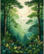 Lush Forest Scene with Birds and Sun Rug