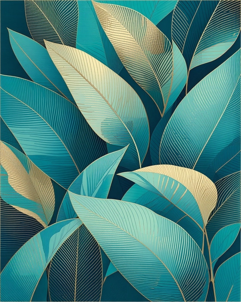 Teal Gold Leafy Pattern Design Rug