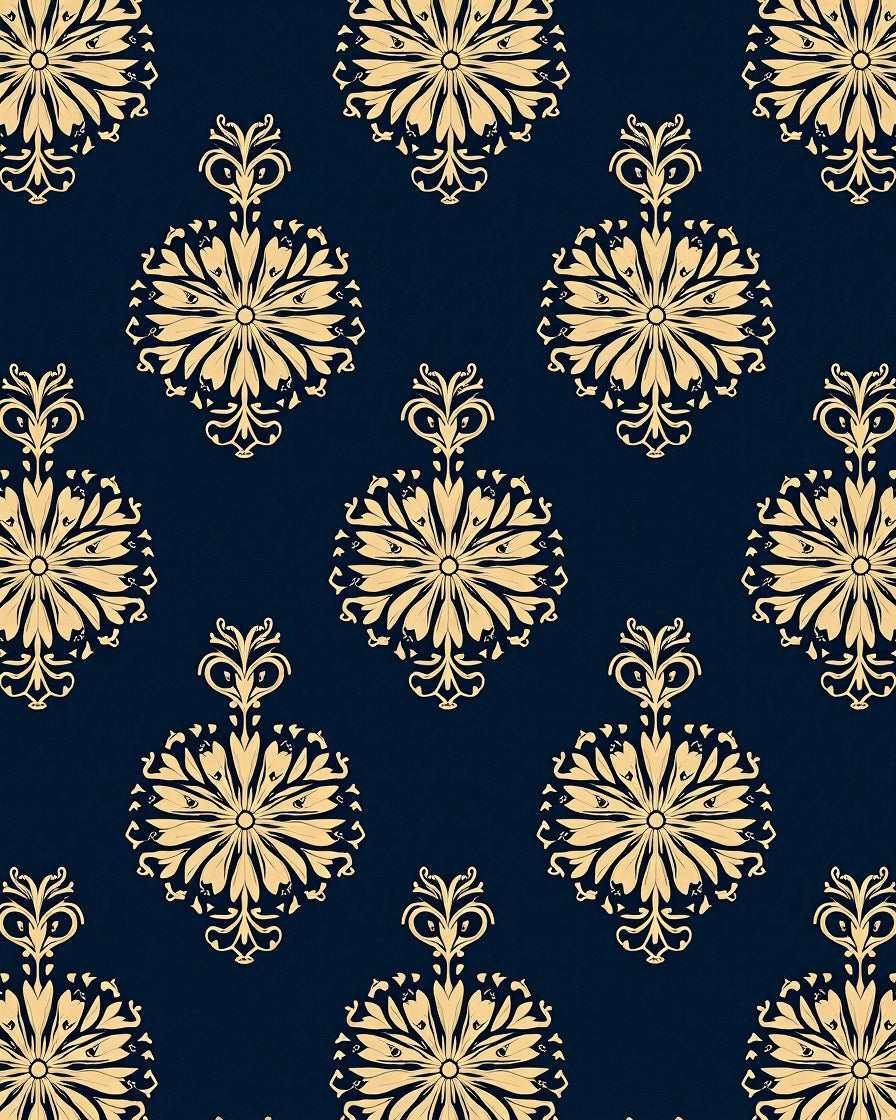 Damask Style Gold Navy Floral Rug