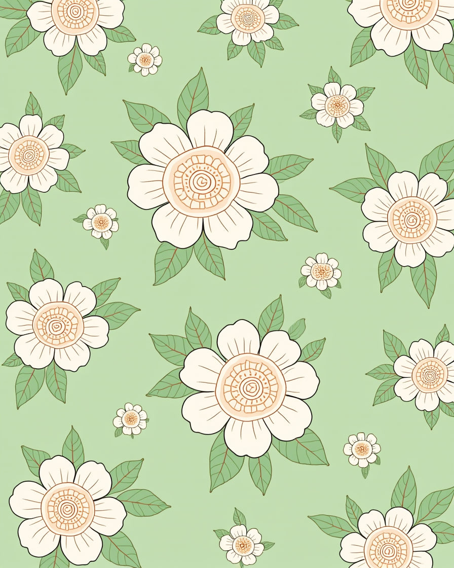 White Floral Patterned Green Rug