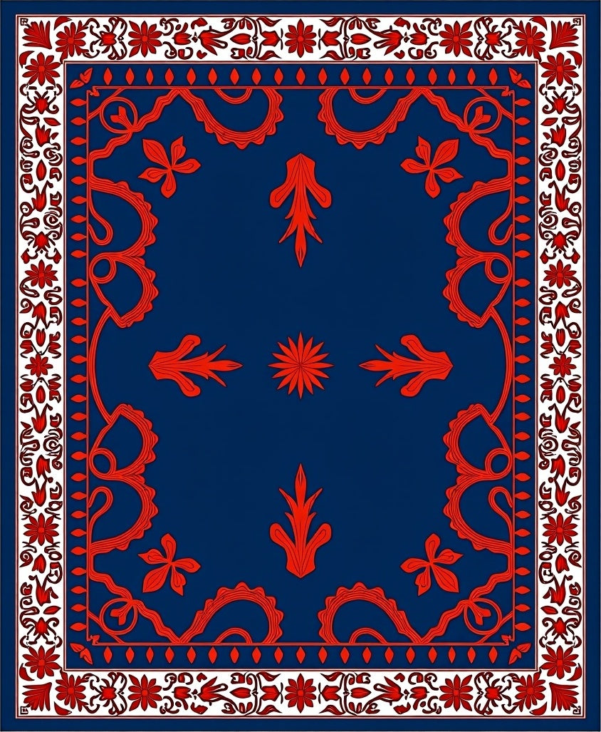 Ornate Red Floral Paisley Blue Rug