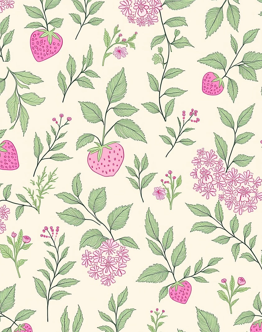 Whimsical Pink Strawberry Floral Leaf Pattern Rug
